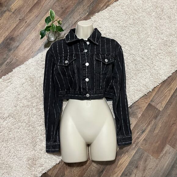 Pacsun Size XS/S Black White Striped Cropped Button Front Denim Jacket - Picture 2 of 6